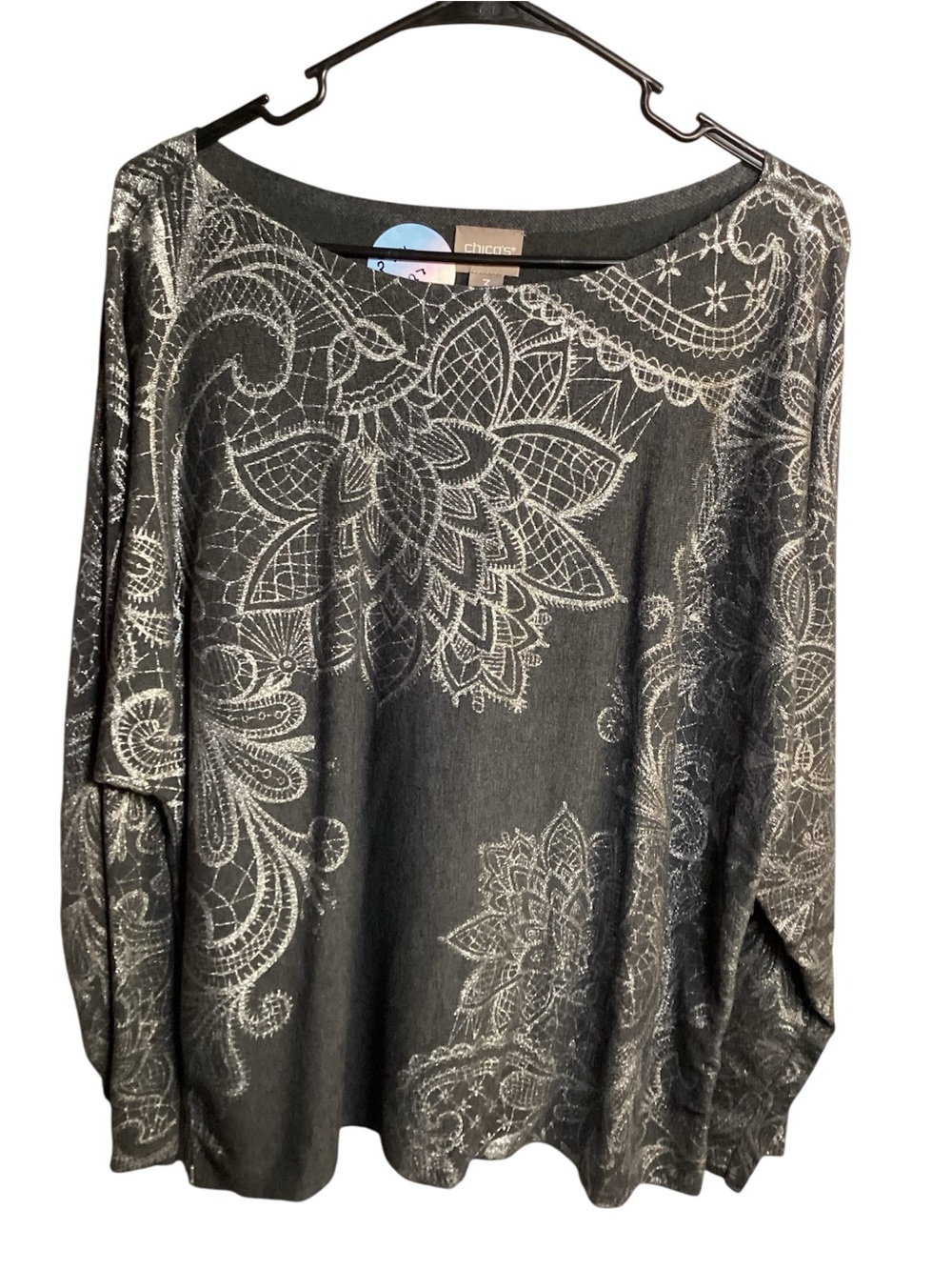 Chico's Charcoal Gray Lace-Style Floral Long Sleeve Top